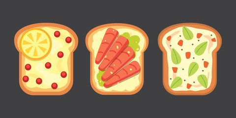 Set toasts and sandwich breakfast. Bread toast with jam, egg, cheese, blueberry, peanut butter, salami, fish. Flat vector illustration.
