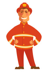 Fireman in protective suit isolated on white. Smiling firefighter