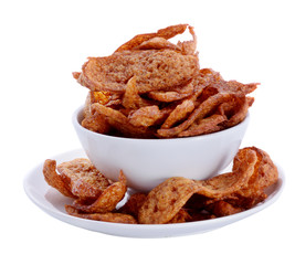 Fried sausage in white bowl isolated on white background