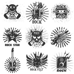 Rock band festival icons, skull and guitar vector emblems templates