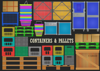 Vector set of flat wood, plastic, metal containers and pallets for transportation and storage of goods on black background.