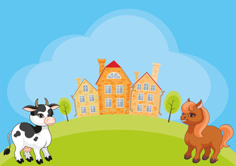 Obraz na płótnie Canvas Vector kids background with the image of a rural landscape and funny farm animals