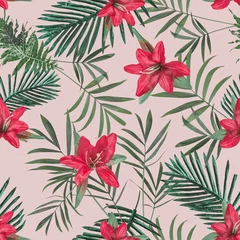 Selbstklebende Fototapeten Creative seamless tropical pattern with flowers and palm leaves on blush pastel background. Nature concept © Zamurovic Brothers