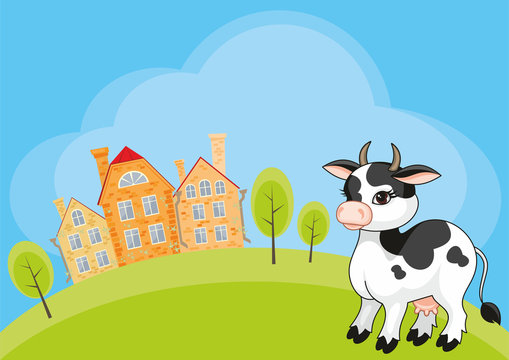 Vector children's background with the image of a rural landscape and a ridiculous cow