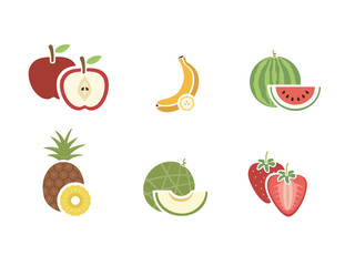 Flat fresh fruits icons set. Isolated vector illustrations