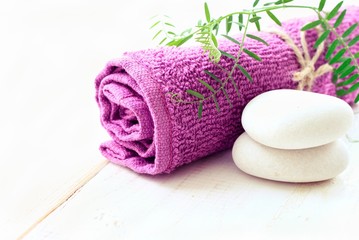 Obraz na płótnie Canvas Relaxing spa background with empty space for product display. Violet bathroom towel, green plant decor, stones. Soft light. 