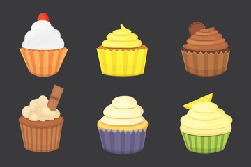 Set of cute vector cupcakes and muffins. Colorful cupcake isolated for food poster design.