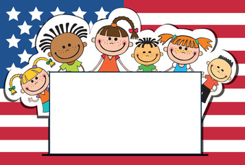 children on American flags banner independence day vector