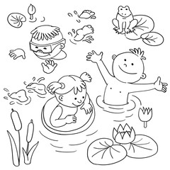 Summer vacation. Cute little girl in a bathing suit sunning on the beach 