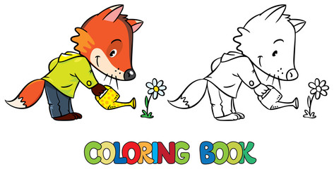Coloring book of little funny fox watering flower
