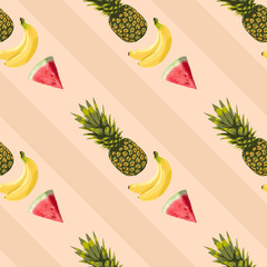 Seamless vector pattern composition of banana, pineapple and slices of watermelon.