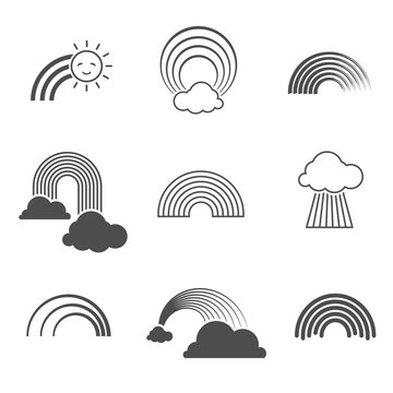 Vector black and white rainbow icons. Summer rainbows signs isolated on background