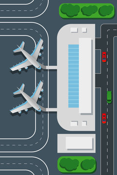 Airport top view vector illustration. Landing pad and airplanes