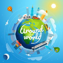 Around the world tour by different vehicle. Travel concept vector illustration with logo