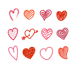 Different Valentines day hand color, drawn hearts set. Sketch style hearts collection