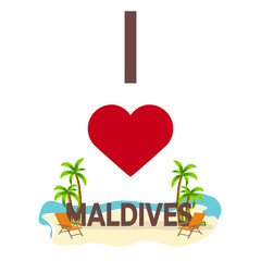 I love Maldives. Travel. Palm, summer, lounge chair. Vector flat illustration.