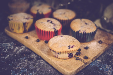 Tasty cupcakes with black currant. Food composition on a dark blue stone surface. Home-made pastries. Selective focus. Easy retro-toning.