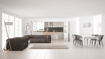 Minimalist white living and kitchen, scandinavian classic interior design