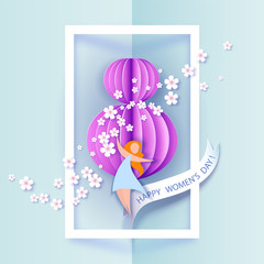 Card for 8 March women's day. Abstract background with text and flowers .Vector illustration. Paper cut and craft style.