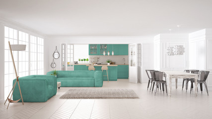 Minimalist white and turquoise living and kitchen, scandinavian classic interior design