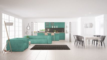 Minimalist white and turquoise living and kitchen, scandinavian classic interior design