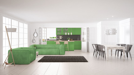 Minimalist white and green living and kitchen, scandinavian classic interior design
