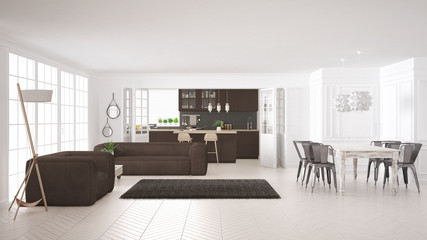 Minimalist white and brown living and kitchen, scandinavian classic interior design