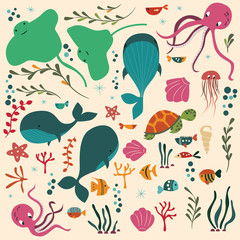 Collection of colorful sea and ocean animals, whale, octopus, stingray