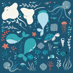 Collection of colorful sea and ocean animals, whale, octopus, stingray