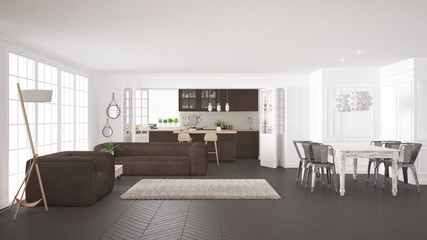 Naklejka na ściany i meble Minimalist white and brown living and kitchen, scandinavian classic interior design