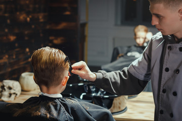 Little Boy Getting Haircut By Barber  
