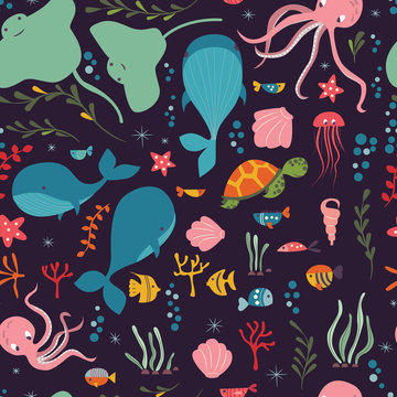 Seamless pattern with underwater ocean animals, whale, octopus, stingray, jellysfish