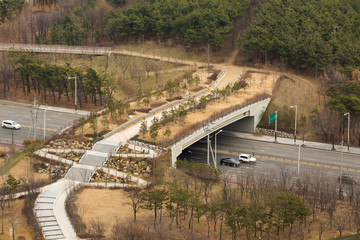 Pedestrian bridge over highway. Aerial view.