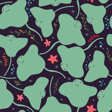 Seamless pattern with underwater ocean animals, cute stingray and starfish