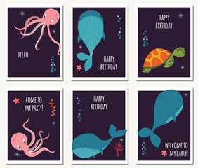 Set of six cards with underwater animals and birthday messages