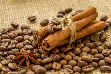 coffee beans, spices and cinnamon star anise