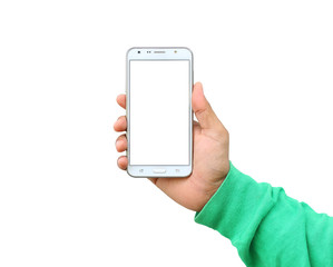 Hand holding smartphone isolated on white background,use clipping path.