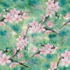 Obraz na płótnie Canvas Branches of a blossoming tree.Watercolor. Wallpaper. Seamless pattern. Use printed materials, signs, posters, postcards, packaging.