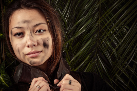 Charming Korean Girl With Dirty Face Closeup