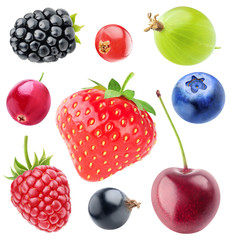 Various berries collection. Strawberry, blackberry, cranberry, raspberry, black currant, cherry, blueberry, gooseberry and red currant isolated on white background with clipping path