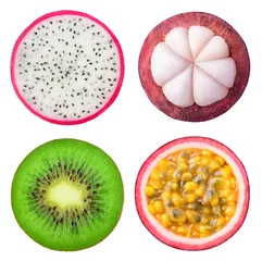  Isolated tropical fruits slices. Pieces of dragonfruit, mangosteen, kiwi and passion fruit isolated on white background with clipping path © ChaoticDesignStudio