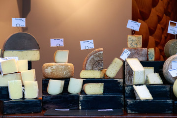 Variety of cheese on display at Borough Market in London