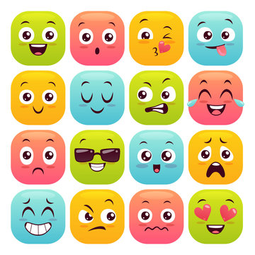 Sixteen emoticons set. Colorful emoji design buttons isolated on white background. Vector illustration.
