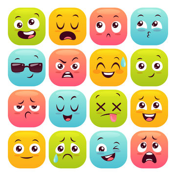 Sixteen emoticons set. Colorful emoji design buttons isolated on white background. Vector illustration.