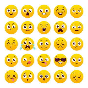 Set of twenty five emoticons. Icon pack. Yellow emoji isolated on white background. Vector illustration.