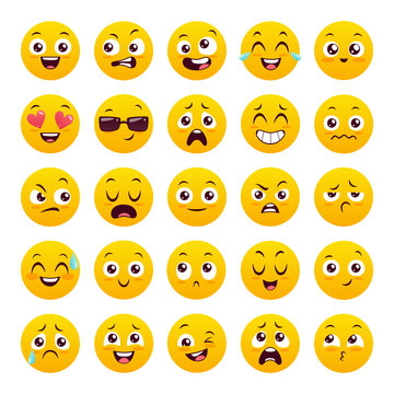 Set of twenty five emoticons. Icon pack. Yellow emoji isolated on white background. Vector illustration.