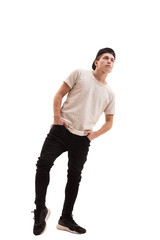 Naklejka premium Handsome rap dancer in baseball cap and tshirt