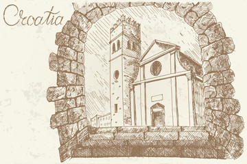vector sketch of Church of St. Stephen (Sveti Stjepan) in Motovun. Croatia. Retro style.