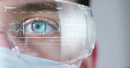 Close up of a scientist with futuristic graphics  with which scans and reads the DNA. Concept: immersive technology, augmented reality, science and research. - Powered by Adobe