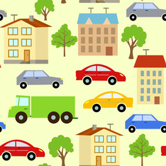  Seamless pattern with elements of city streets, cars, houses and trees on a yellow background.